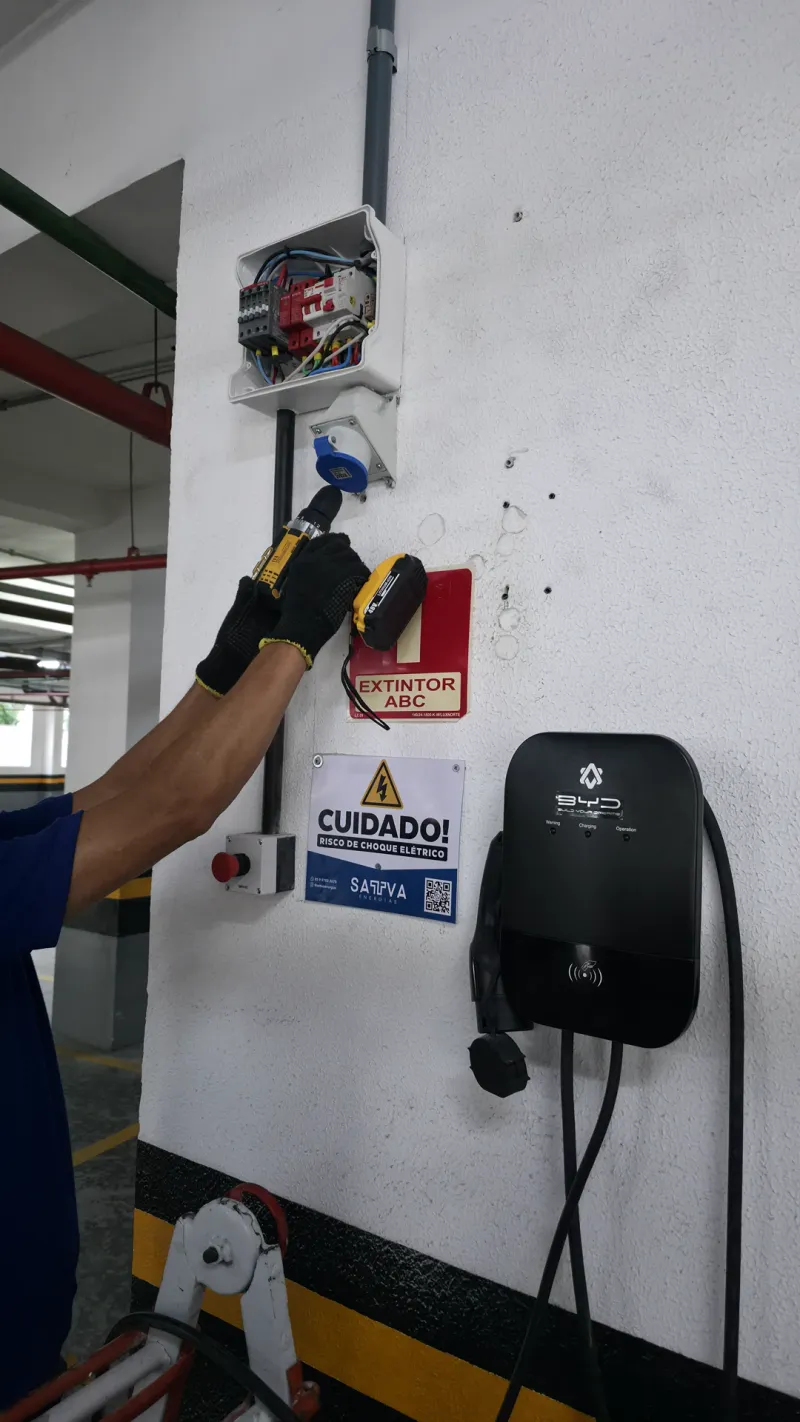 Técnico utilizando furadeira para instalar tomada industrial em quadro elétrico